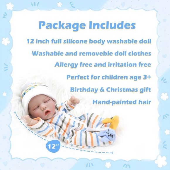 12 Inch Lifelike Reborn Baby Doll Realistic Full Vinyl Sleeping Toy For 3+ Kids - Picture 4 of 8
